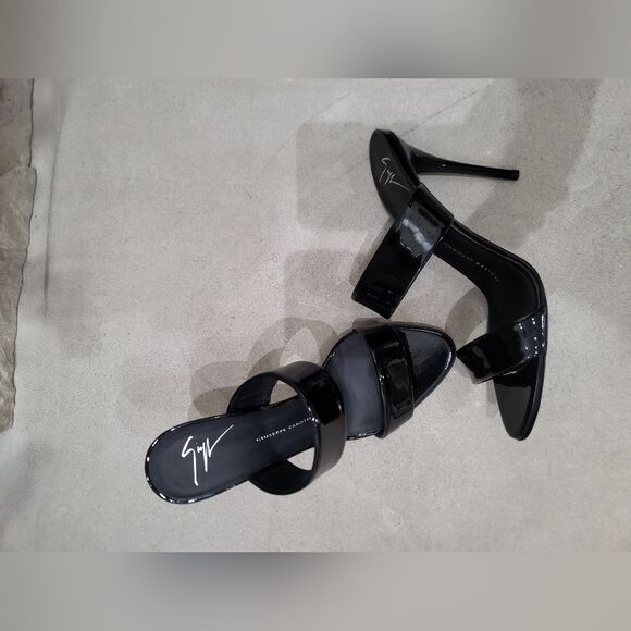 Giuseppe Zanotti Black Patent Leather Open Toe Sandals Dual Band Stiletto 37.5 - Picture 3 of 16